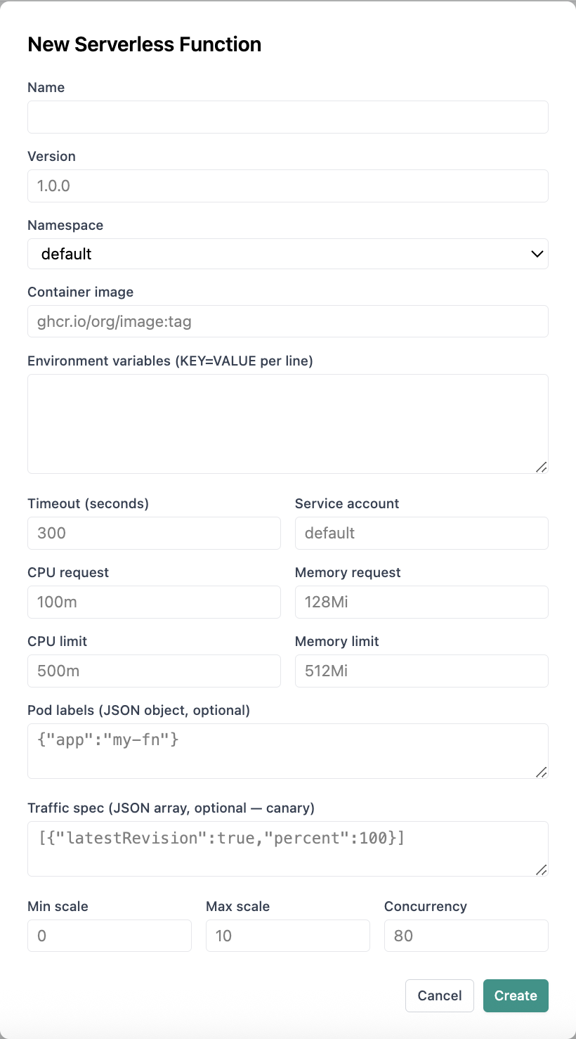New serverless function form with scaling and traffic spec.